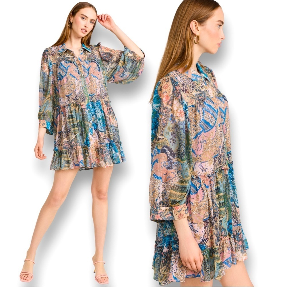 Nwt Misa Los Angeles Mita Ruffle-Trim Mini Chiffon Shirt Dress Size Large